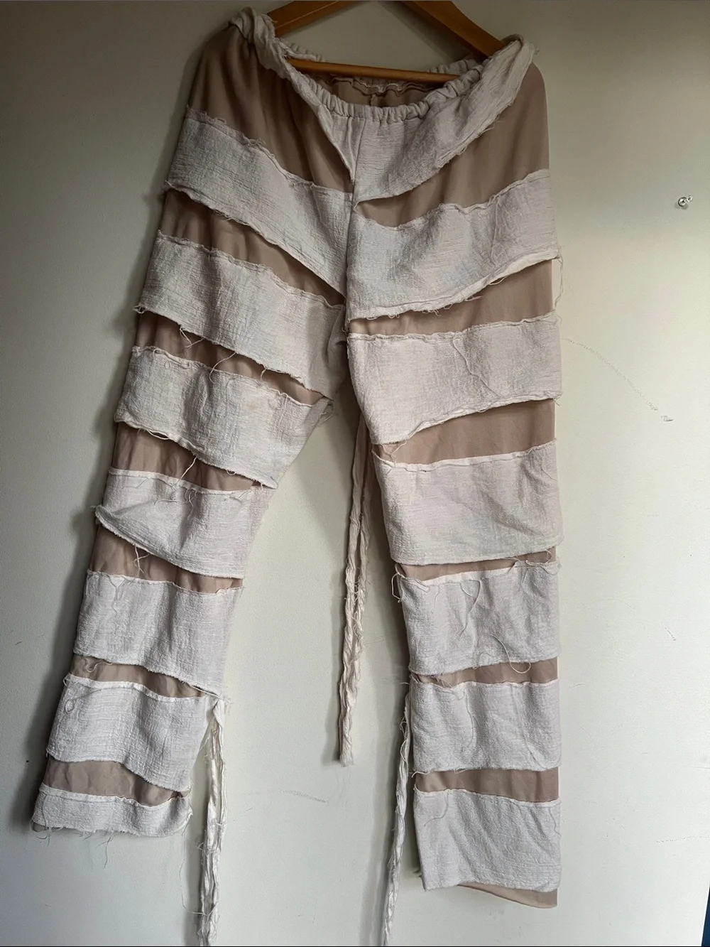 Neutral Striped Hooded Kids Halloween Mummy Costume with Frayed Trim